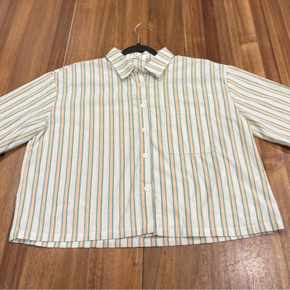 Daphnea Paris Striped Button Up Shirt Women’s M Boxy Cropped Pastel